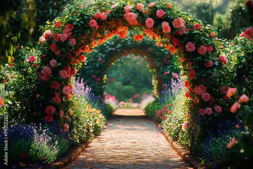 Vibrant rose gardens create enchanting pathways under blooming arches in a tranquil estate. Generative AI photo