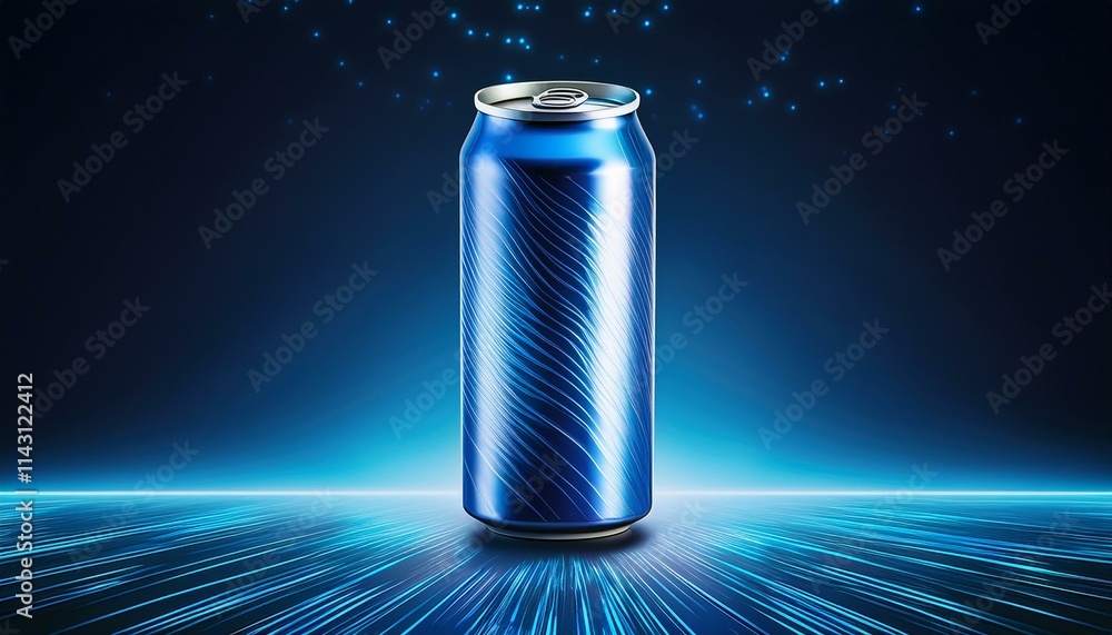 Sleek blue can against a futuristic backdrop. Sleek blue can against a futuristic backdrop.