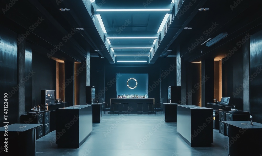 An empty, dark, underground techno club with slight white lights. An empty, dark, underground techno club with slight white lights.
