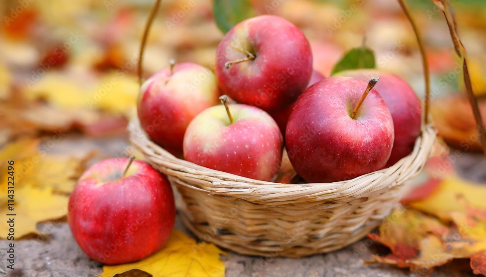 Juicy Red Apples in a Basket with Fallen Autumn Leaves in the Background Juicy Red Apples in a Basket with Fallen Autumn Leaves in the Background
