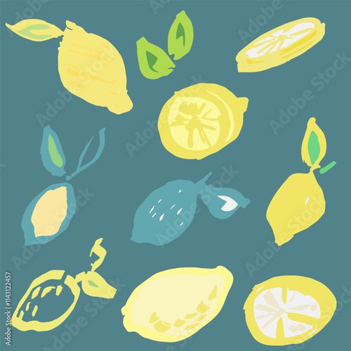 Set of funky lemons. Hand draw. Sketch outline with marker. Interesting and new style. Fresh colors