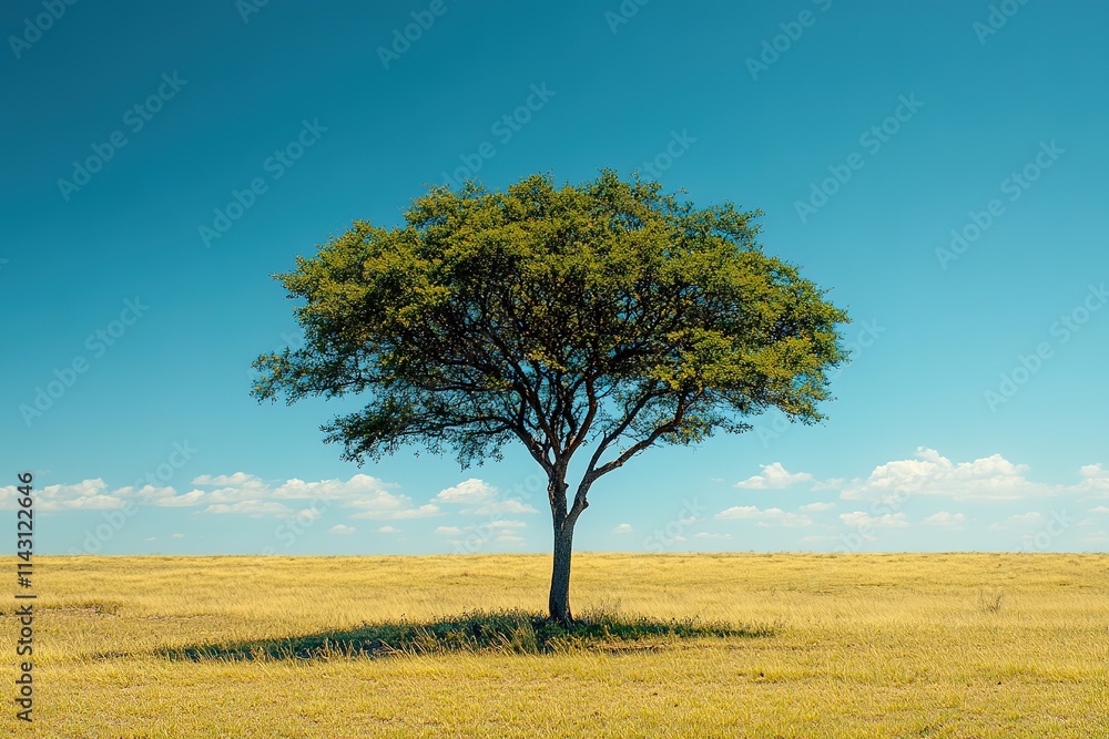 Lone tree in vast golden field under blue sky, symbolizing solitude. Lone tree in vast golden field under blue sky, symbolizing solitude.