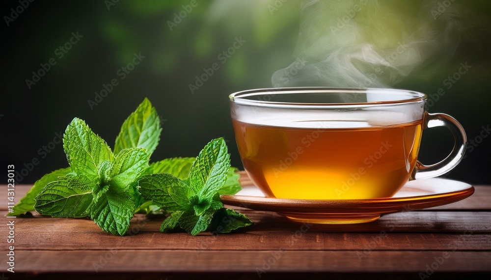 A steaming cup of herbal tea sits on a wooden surface next to fresh mint leaves. A steaming cup of herbal tea sits on a wooden surface next to fresh mint leaves.