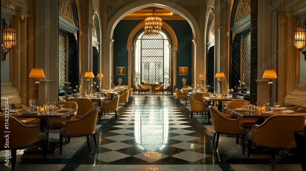 Elegant dining room, checkered floor, golden accents. Elegant dining room, checkered floor, golden accents.