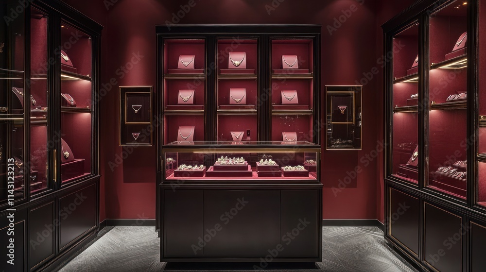 Luxurious jewelry store interior with dark red walls, glass display cases, and elegant lighting showcasing precious necklaces, bracelets, and rings. Luxurious jewelry store interior with dark red walls, glass display cases, and elegant lighting showcasing precious necklaces, bracelets, and rings.
