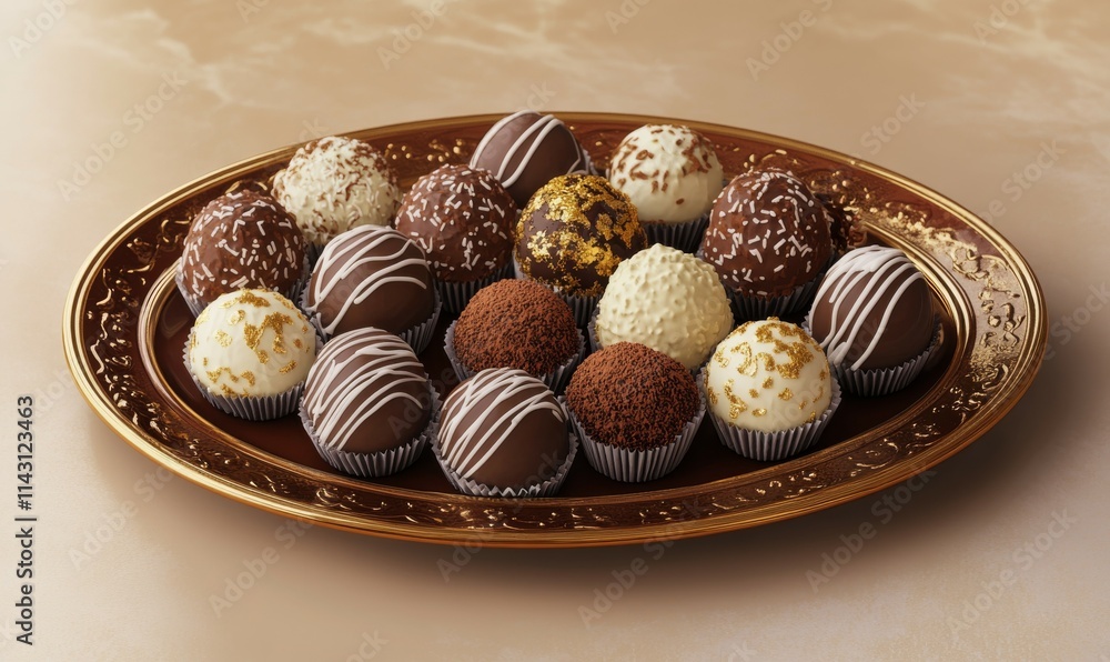 Assorted truffles on a ceramic platter with luxurious cocoa powder dusting and gold leaf accents. Assorted truffles on a ceramic platter with luxurious cocoa powder dusting and gold leaf accents.