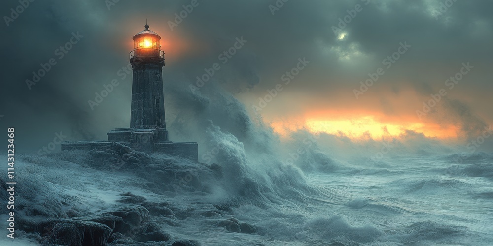 Lighthouse guiding ships through icy waters during a dramatic winter storm at dusk Lighthouse guiding ships through icy waters during a dramatic winter storm at dusk