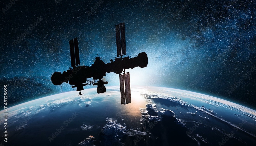 Obraz premium Silhouette of a Space Station orbiting Earth.