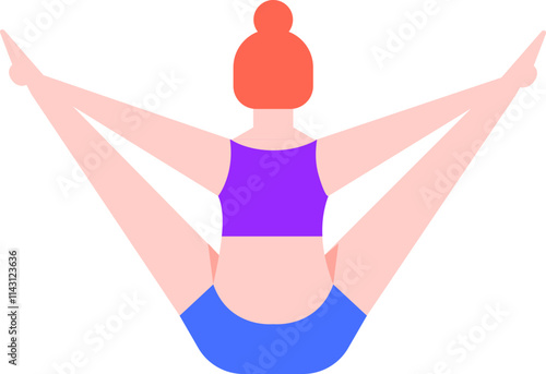 Rear view of a flexible woman practicing a variation of the yoga boat pose with legs wide open, enhancing health, promoting wellness, and improving flexibility in her body