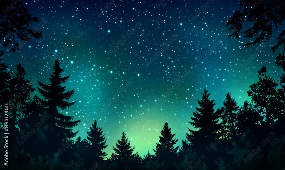 Beautiful Sky with Aurora and Stars. Green Northern Lights Wallpaper with copy-space. Beautiful Sky with Aurora and Stars. Green Northern Lights Wallpaper with copy-space.