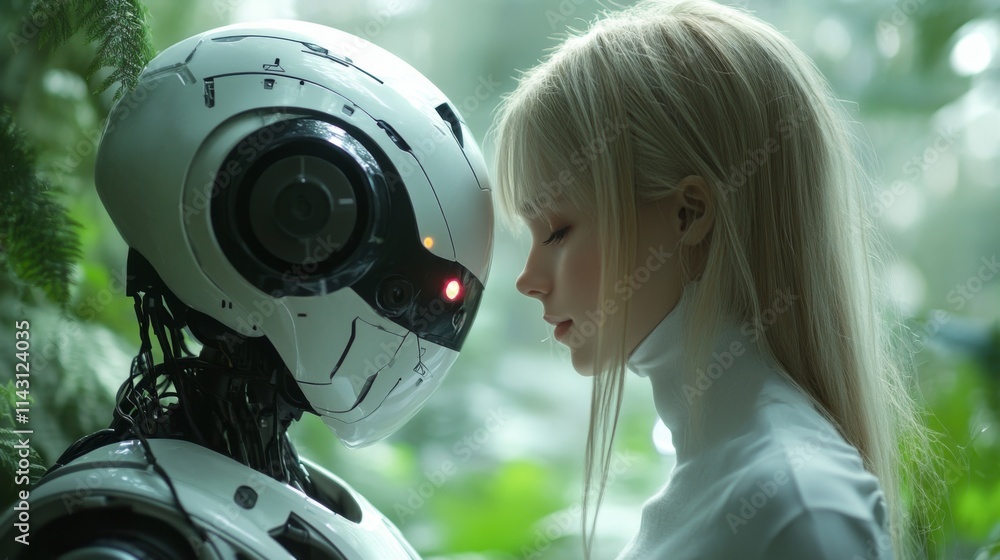 Close-up of woman and humanoid robot in a peaceful setting Close-up of woman and humanoid robot in a peaceful setting