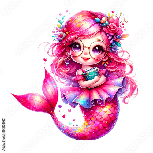 Cute mermaid wearing glasses holding a book photo