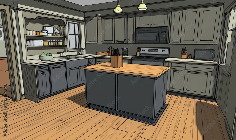 A modern kitchen space with gray tones. a cabinet along with an island. wooden floor. with cabinets, a microwave, and an Asian-style stove. A modern kitchen space with gray tones. a cabinet along with an island. wooden floor. with cabinets, a microwave, and an Asian-style stove.