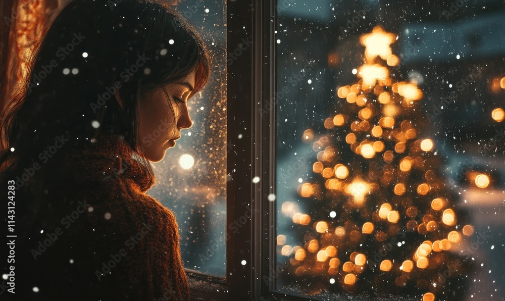 Lonely woman looking out the window on Christmas Eve, snow falling Lonely woman looking out the window on Christmas Eve, snow falling