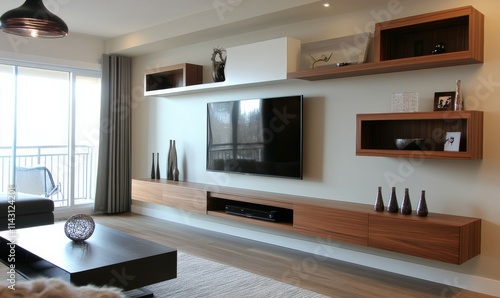 A modern living room wall design with a flat screen TV mounted to the left and a sleek, floating media console below. on the floor are two tall and narrow cabinets with open shelves