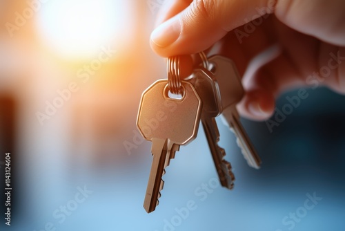Close-up of house keys in hand with warm sunlight