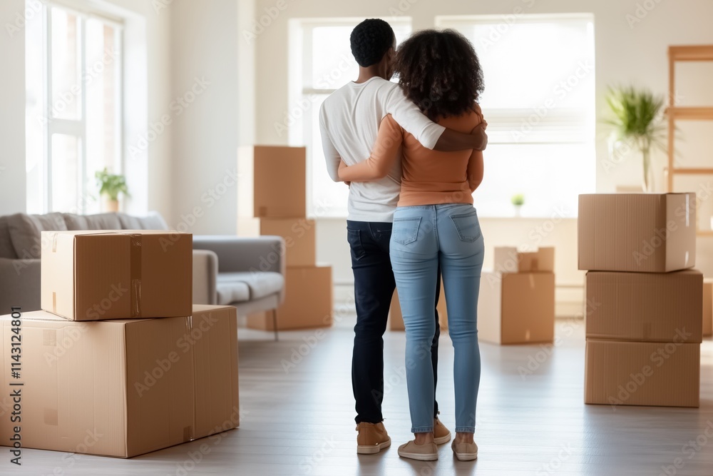 Rear view of couple embracing while looking at moving boxes