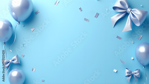 Blue pastel balloons and ribbons on blue background. Concept of celebration, party, and birthday.