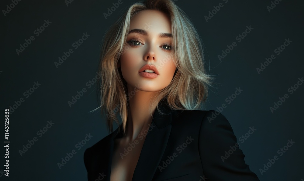 Blonde in a black suit in the studio. Photo model. Blonde in a black suit in the studio. Photo model.