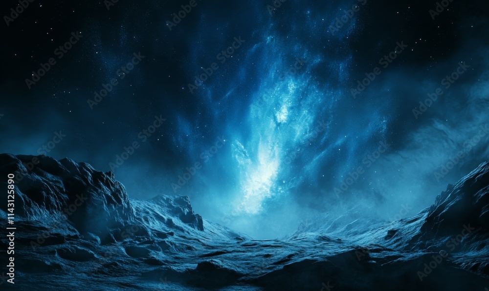 Fototapeta premium Blue Aurora Borealis over Rugged Landscape. Majestic Northern Lights Background with copy-space.