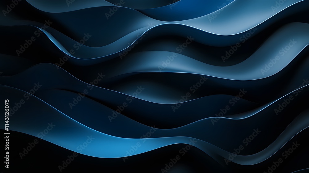 Abstract 3D flowing waves in deep blue and black tones with smooth curves and gradients, creating a futuristic and elegant design Abstract 3D flowing waves in deep blue and black tones with smooth curves and gradients, creating a futuristic and elegant design