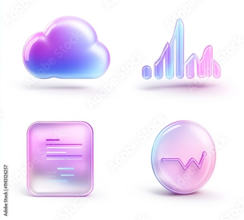 A 3D illustration featuring a set of glass holographic UI icons for app and web design, with iridescent crystal infographic elements like a speech bubble, bar chart, and AI cloud with a morphism photo