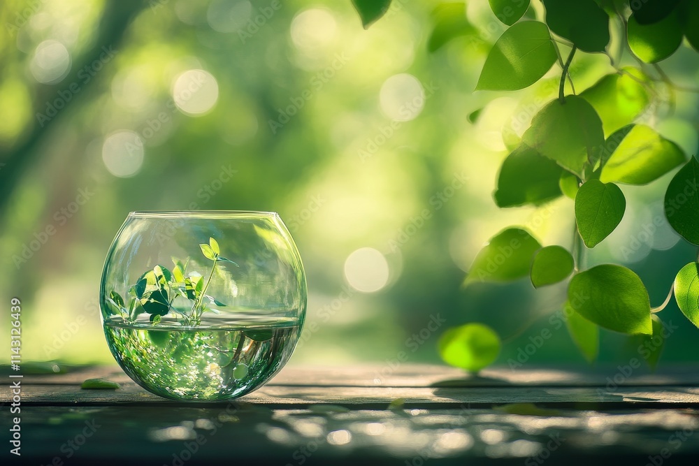 Glass bowl with small plants and water on wooden surface, nature background. Glass bowl with small plants and water on wooden surface, nature background.