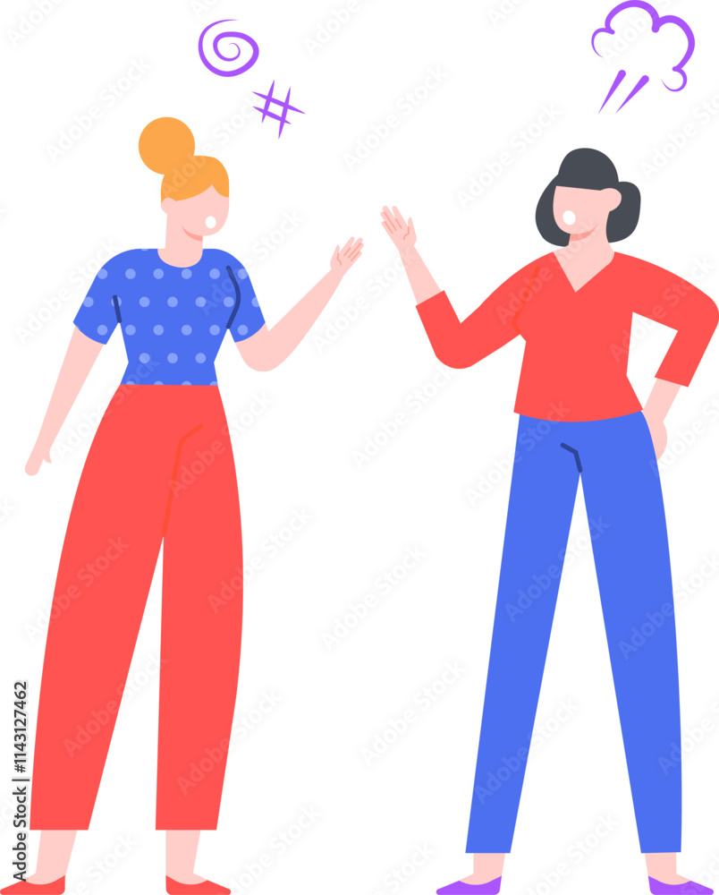 Two women arguing with raised hands, displaying anger and frustration through purple cartoon symbols, illustrating a conflict or disagreement Two women arguing with raised hands, displaying anger and frustration through purple cartoon symbols, illustrating a conflict or disagreement