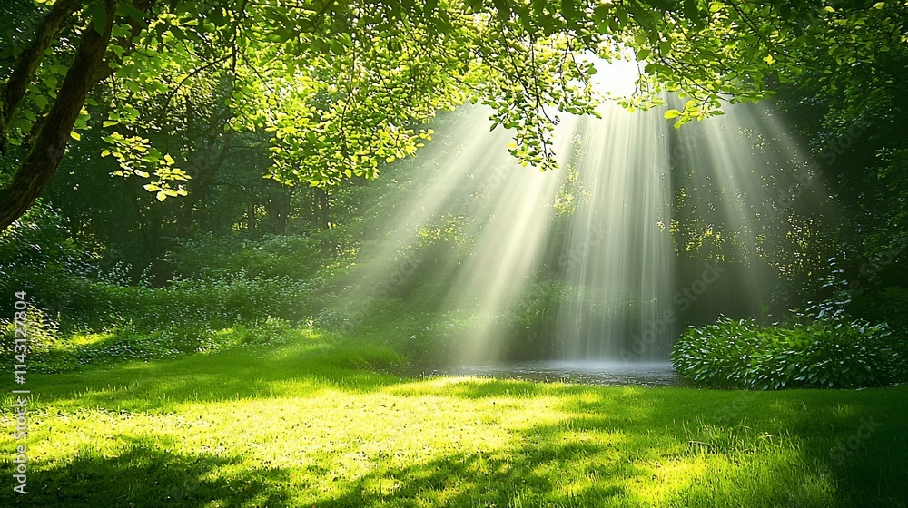Sunbeams stream through lush forest canopy, illuminating vibrant green grass and a tranquil stream. Sunbeams stream through lush forest canopy, illuminating vibrant green grass and a tranquil stream.