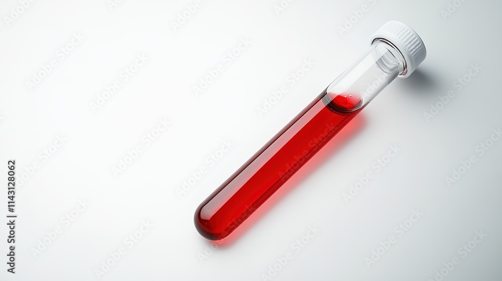 Red liquid in test tube on white backdrop, lab concept Red liquid in test tube on white backdrop, lab concept