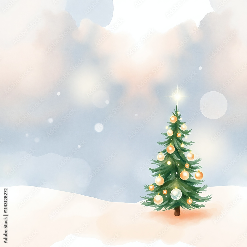 Obraz premium Golden glowing Christmas tree in snowy landscape for festive greeting cards