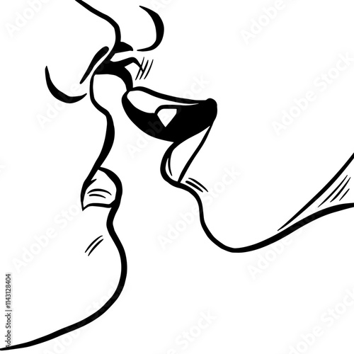 Kiss. Two persons kissing, face detail, pop art comic retro vector illustration, outline