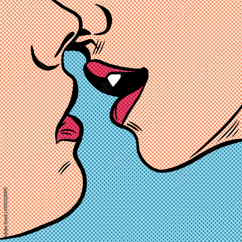 Kiss. Two persons kissing, face detail, pop art comic retro vector illustration