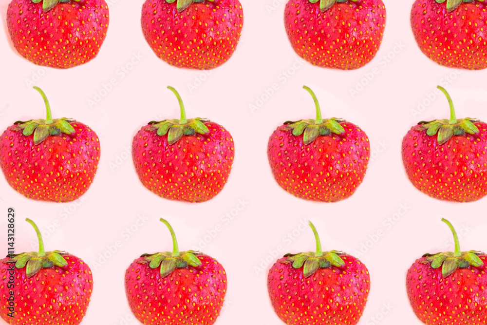 Strawberry pattern on pastel pink background, minimal concept Strawberry pattern on pastel pink background, minimal concept