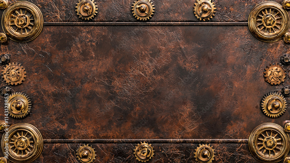 A steampunk-inspired texture featuring intricate gears and cogs with brass accents set over a worn leather surface, creating a thematic and detailed design. A steampunk-inspired texture featuring intricate gears and cogs with brass accents set over a worn leather surface, creating a thematic and detailed design.