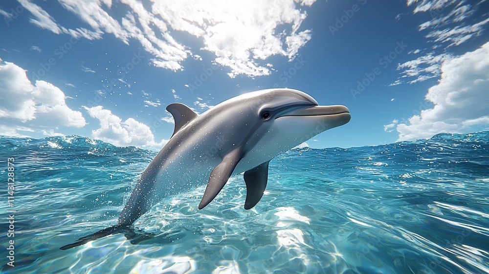 Fototapeta premium Dolphin leaping from ocean waves under sunny sky.