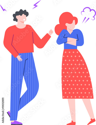 Couple arguing and getting mad at each other, man yelling at woman who is crossing her arms and fuming with rage, disagreement and conflict in relationship concept