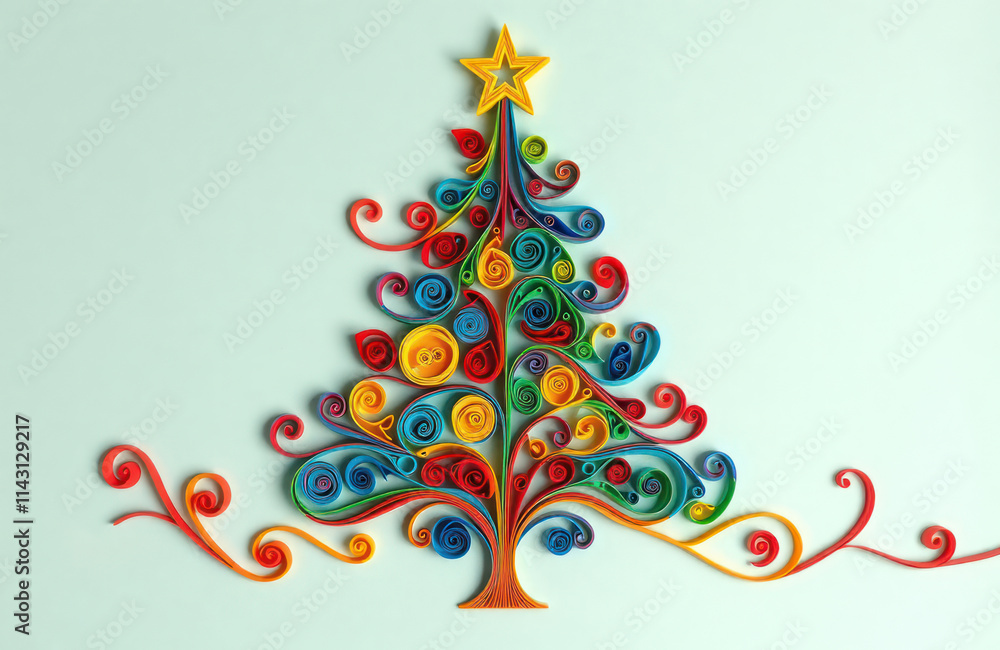 Obraz premium Colorful handmade paper quilling Christmas tree artwork. Festive holiday season theme. Bright colors like red green blue yellow. Creative paper strip craft. Unique design. Perfect for Christmas