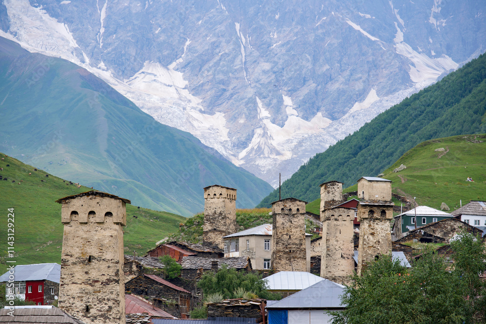 Remote and picturesque highland village of Ushguli with medieval watchtowers in Svaneti region of Georgia surrounded by the Greater Caucasus Mountains