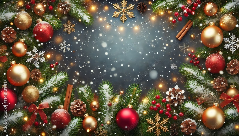 Illustrate classic Christmas-themed background with red and gold baubles, snow-covered evergreen branches, and twinkling fairy lights using Generative AI Illustrate classic Christmas-themed background with red and gold baubles, snow-covered evergreen branches, and twinkling fairy lights using Generative AI