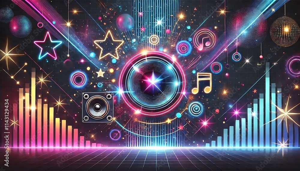 Obraz premium Create party-themed background with glowing neon shapes, dynamic light beams, and sparkling stars on dark backdrop using Generative AI