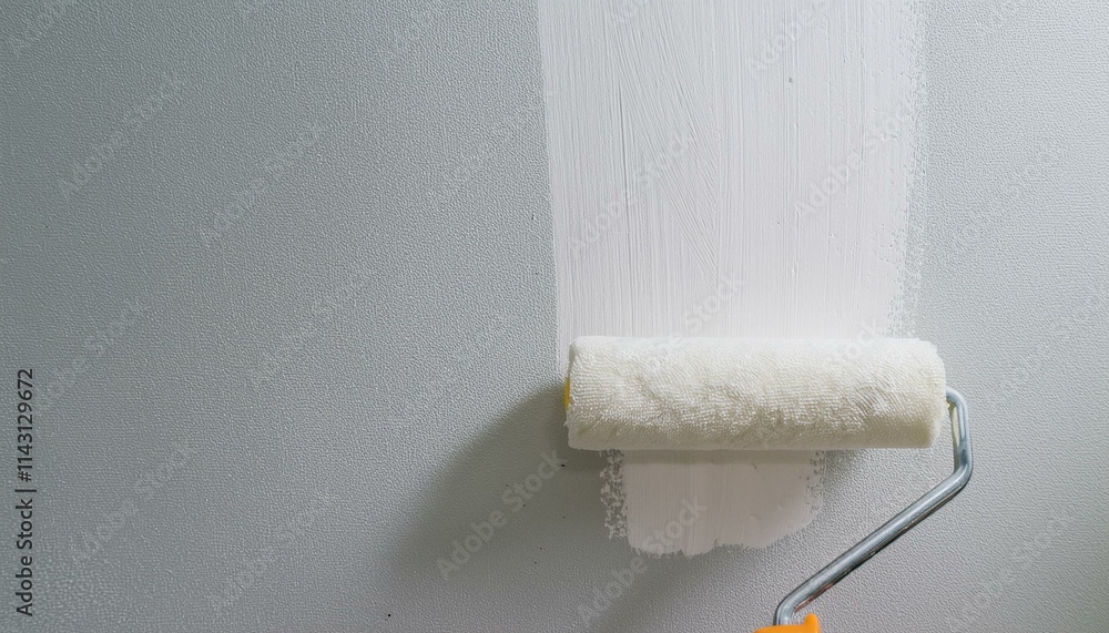 Obraz premium Roller applying paint to wall, scene of smooth rolling on wall