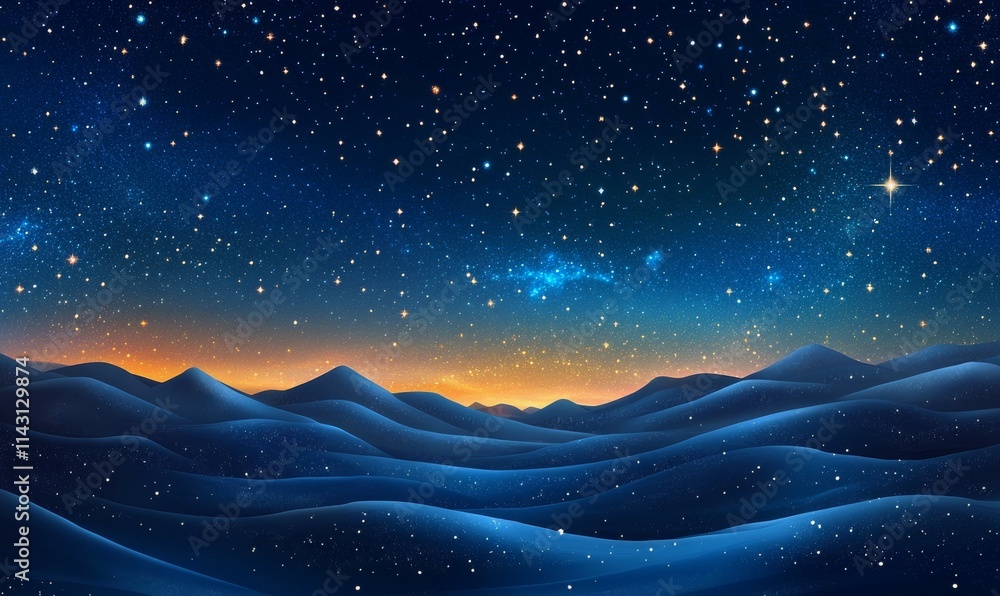 Desert Landscape with Sand Dunes and Blue Gradient Starry Sky. Empty Modern Wallpaper. Desert Landscape with Sand Dunes and Blue Gradient Starry Sky. Empty Modern Wallpaper.