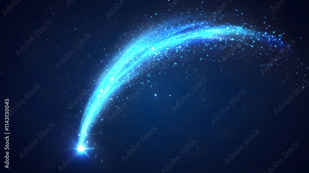 Light arc shooting star with magic neon curve Glitter flare arch line trail Blue dust sparkle glows from meteor flying at night Light arc shooting star with magic neon curve Glitter flare arch line trail Blue dust sparkle glows from meteor flying at night