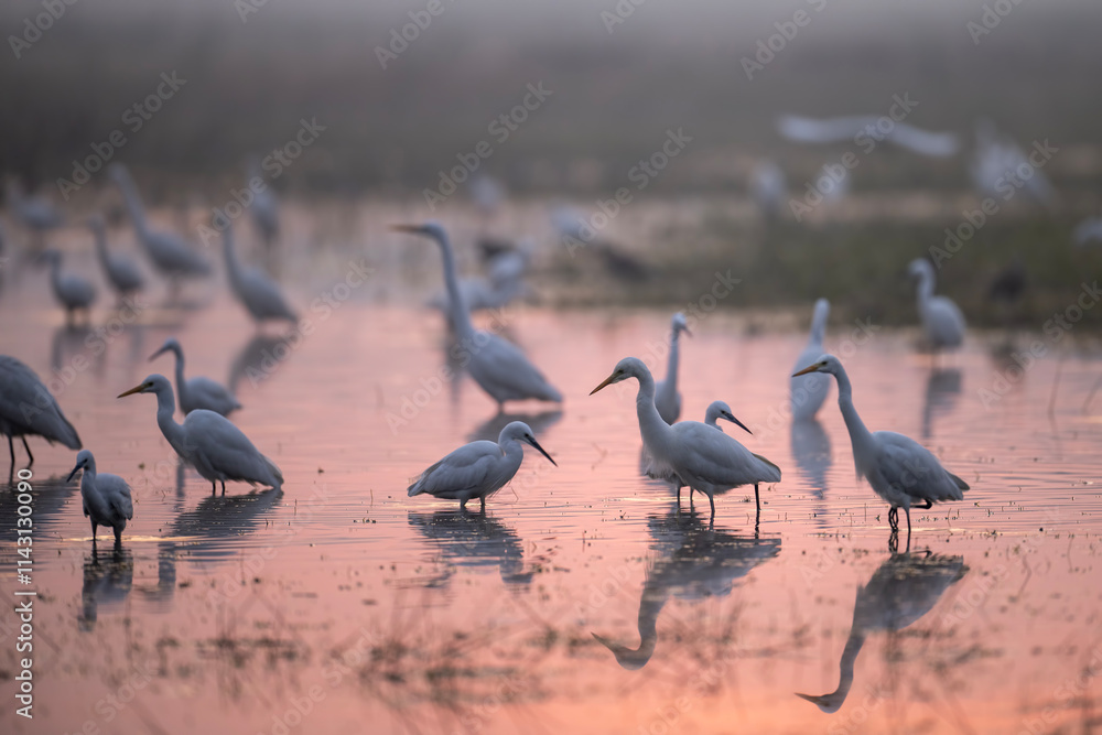A Misty Dawn Gathering of Egrets and Herons
