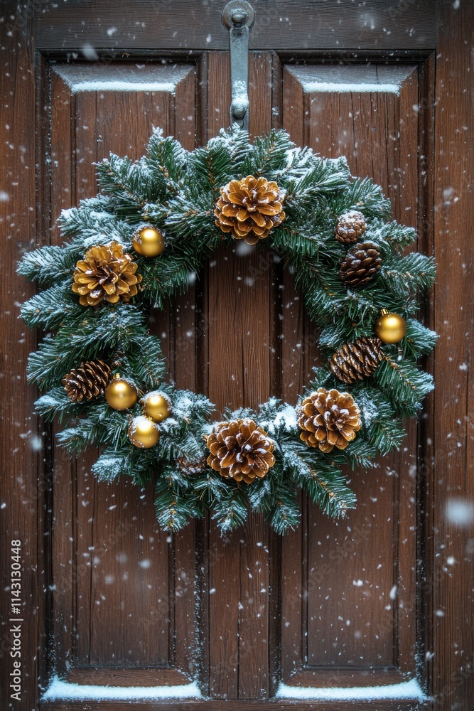 Holiday wreath adorned with pinecones and decorations hangs on a rustic wooden door in a snowy winter setting Holiday wreath adorned with pinecones and decorations hangs on a rustic wooden door in a snowy winter setting