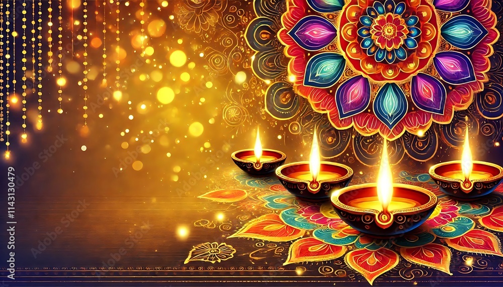 Depict vibrant Diwali-themed background featuring glowing oil lamps, colorful rangoli patterns, and golden sparkles for festive celebrations using Generative AI Depict vibrant Diwali-themed background featuring glowing oil lamps, colorful rangoli patterns, and golden sparkles for festive celebrations using Generative AI