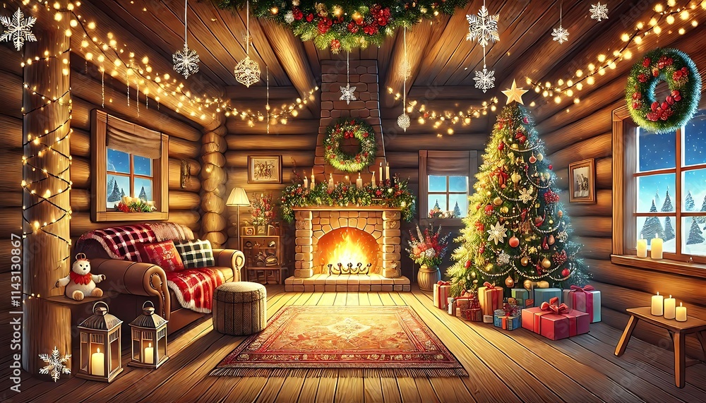 Fototapeta premium Illustrate cozy cabin interior background with glowing fireplace, festive garlands, and beautifully decorated Christmas tree using Generative AI