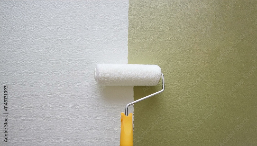 Obraz premium Roller applying paint to wall, scene of smooth rolling on wall