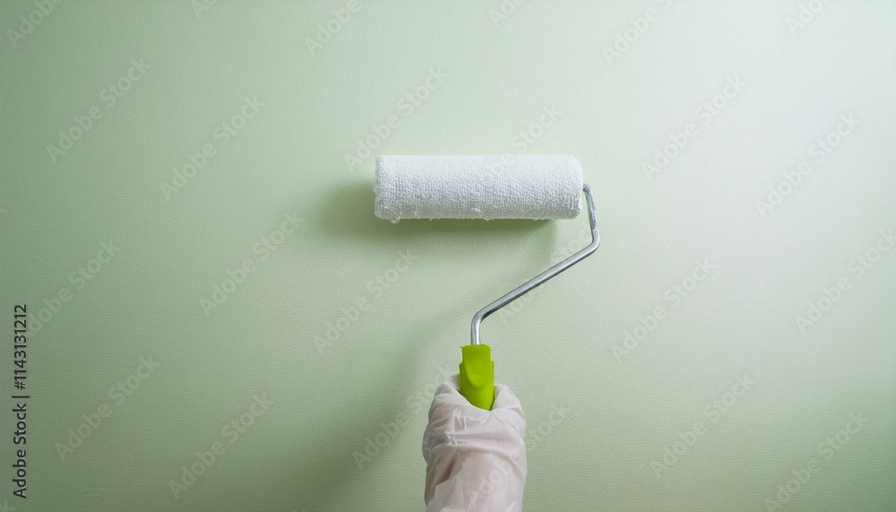 Fototapeta premium Roller applying paint to wall, scene of smooth rolling on wall